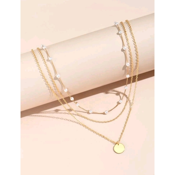 Anthropologie Kelly Minimalist Pearl Gold Pendant Layered Necklaces - Picture 3 of 5